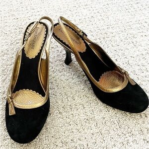 Enzo Angiolini Black Suede Leather Slingback Heels Sz 9.5 Pump Gold Metallic Bow